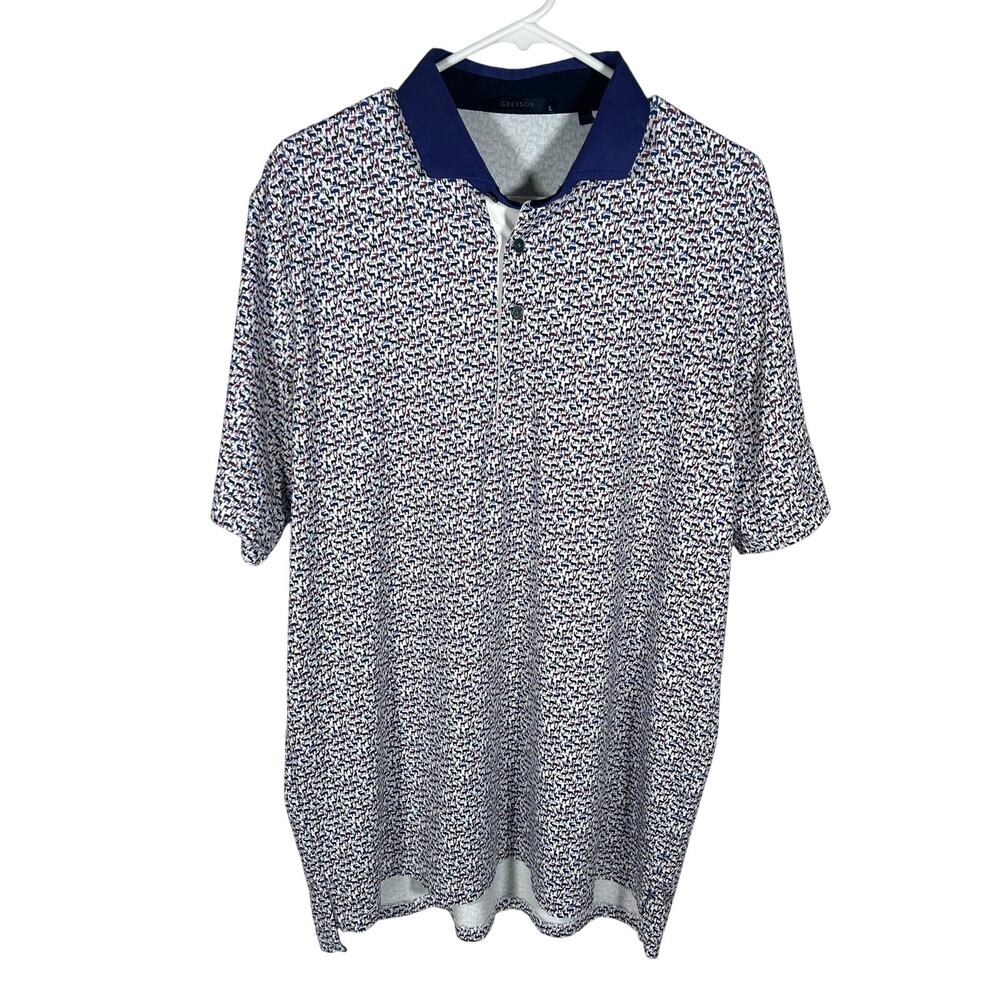 Greyson Golf Polo Shirt Novelty Stag Elk Print Mens Large White Navy Red Preppy
